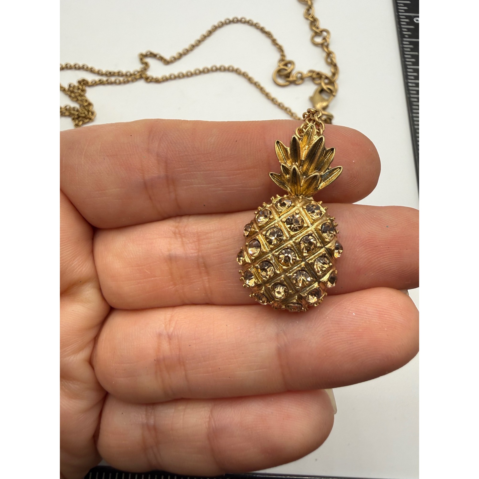 JCrew Gold Tone Pineapple Rhinestone Pendant Necklace Tropical Jewelry
